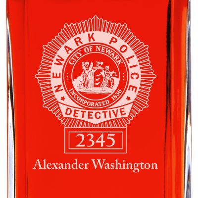 Custom Engraved Police Badges  - Personalized Whiskey Decanter Set In Wood Gift Box - Newark NJ Police Detective Badge