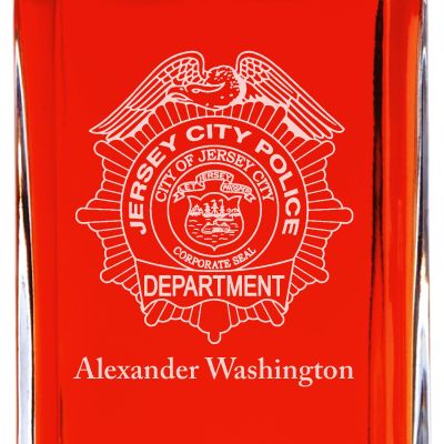 Custom Engraved Police Badges  - Personalized Whiskey Decanter Set In Wood Gift Box - Jersey City Police Badge