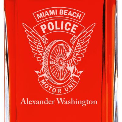 Custom Engraved Police Badges  - Personalized Whiskey Decanter Set In Wood Gift Box - Miami Police Motor Unit Winged Wheel