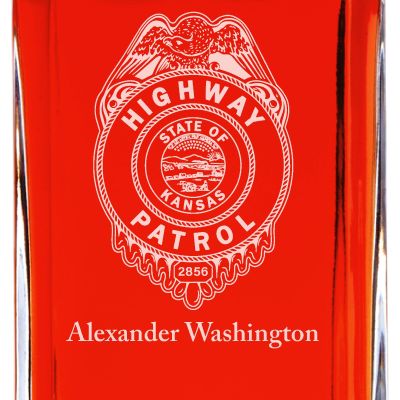 Custom Engraved Police Badges  - Personalized Whiskey Decanter Set In Wood Gift Box - Highway Patrol State of Kansas Badge