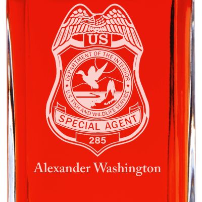 Custom Engraved - Police Badges - Personalized Whiskey Decanter In Wood Gift Box - Dept of Interior US Fish and Wildlife Service