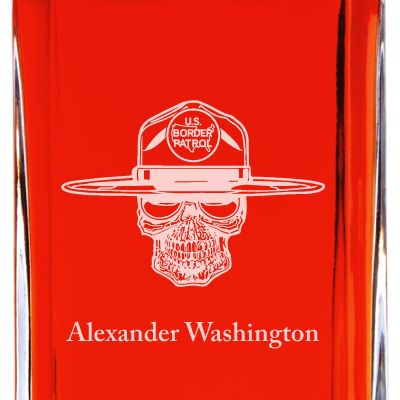 Custom Engraved Police Badges  - Personalized Whiskey Decanter Set In Wood Gift Box - US Border Patrol Skull
