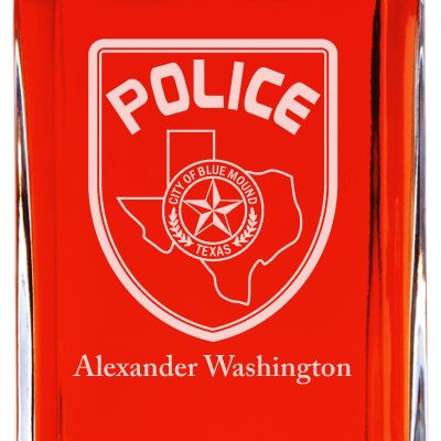 Custom Engraved Police Badges  - Personalized Whiskey Decanter Set In Wood Gift Box - City of Blue Mound TX Police Badge