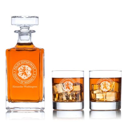Custom Engraved - Police Badges - Classic Personalized Whiskey Decanter Set - Police Dept County of Nassau NY Patch