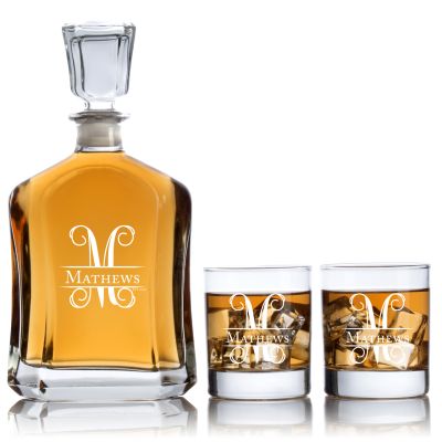 Fancy Script Initial Decanter Set - Wedding Gifts - Custom Personalized Couples Whiskey Decanter Set