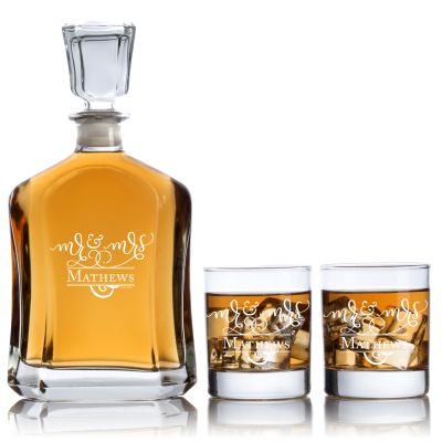 Fancy Scroll Mr & Mrs  Couples Decanter Set - Wedding Gifts - Custom Personalized Couples Whiskey Decanter Set