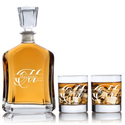 Fancy Initial Couples Decanter Set - Wedding Gifts - Custom Personalized Couples Whiskey Decanter Set