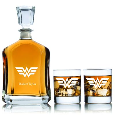 Personalized Wonder Woman Logo - Personalized Capital Decanter Set with Whiskey Glasses - Superhero Theme Set