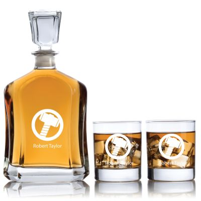 Thor's Mjolnir Hammer Decanter Set - Gifts For Him - Custom Personalized Man Cave Whiskey Decanter Set