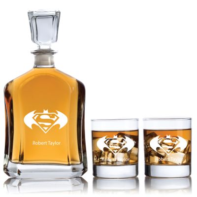 Batman and Superman Decanter Set - Gifts For Him - Custom Personalized Man Cave Whiskey Decanter Set