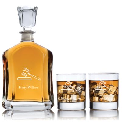 Engraved Law Gravel - Personalized Capitol Decanter Set with Old Fashion Whiskey Glasses