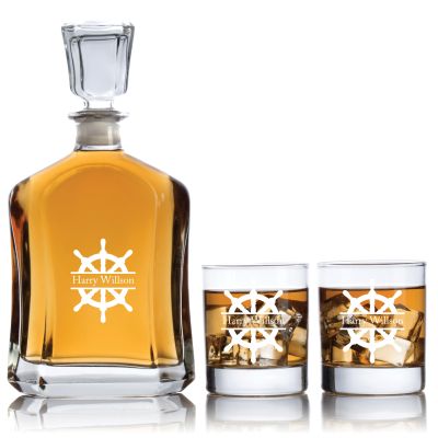 Engraved Sail Wheel - Personalized Capitol Decanter Set with Old Fashion Whiskey Glasses