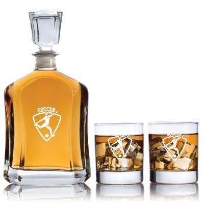 Engraved Soccer Logo - Personalized Capitol Decanter Set with Old Fashioned Whiskey Glasses