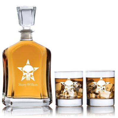 Engraved Punisher Star - Personalized Capitol Decanter Set with Old Fashioned Whiskey Glasses
