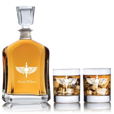 Engraved Wing Skull Dagger - Personalized Capitol Decanter Set with Old Fashioned Whiskey Glasses