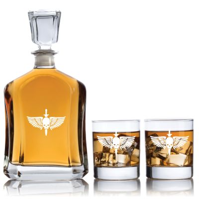 Engraved Wing Skull Dagger - Personalized Capitol Decanter Set with Old Fashioned Whiskey Glasses