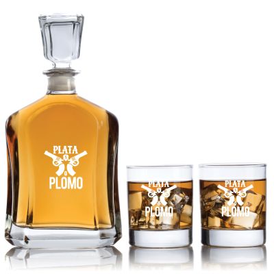 Engraved Plata o Plomo - Personalized Capitol Decanter Set with Old Fashioned Whiskey Glasses