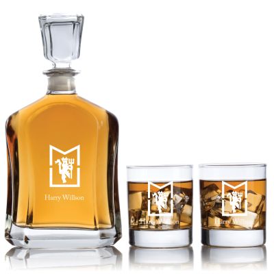 Engraved Manchester United MU Logo - Personalized Capitol Decanter Set with Old Fashioned Whiskey Glasses