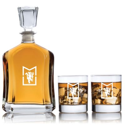 Engraved Manchester United MU Logo - Personalized Capitol Decanter Set with Old Fashioned Whiskey Glasses