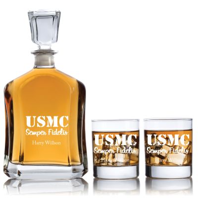 Engraved USMC Semper Fidelis  - Personalized Capitol Decanter Set with Old Fashioned Whiskey Glasses