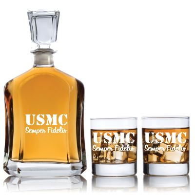 Engraved USMC Semper Fidelis  - Personalized Capitol Decanter Set with Old Fashioned Whiskey Glasses