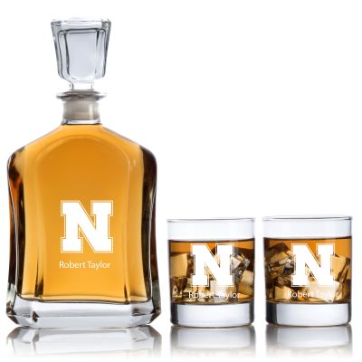 Engraved Nebraska Cornhuskers - Personalized Capitol Decanter Set with Old Fashioned Whiskey Glasses