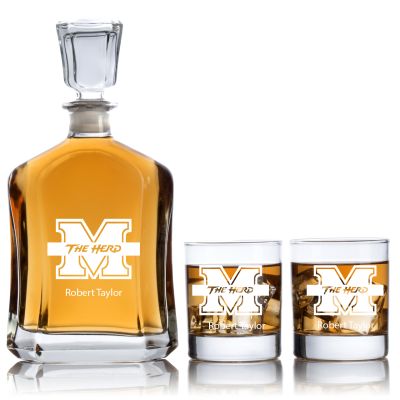Engraved Marshall Thundering Herd - Personalized Capitol Decanter Set with Old Fashioned Whiskey Glasses