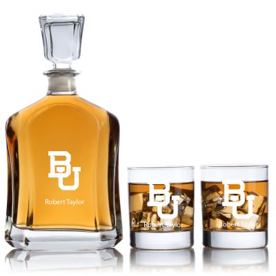 Engraved Baylor University Initials - Personalized Capitol Decanter Set with Old Fashioned Whiskey Glasses