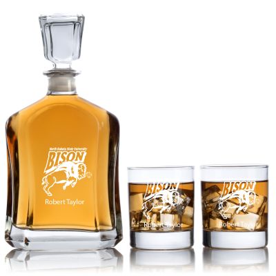 Engraved North Dakota Bison - Personalized Capitol Decanter Set with Old Fashioned Whiskey Glasses