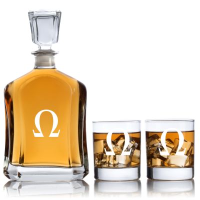 Engraved Symbol Omega Ohm - Personalized Capitol Decanter Set with Old Fashioned Whiskey Glasses