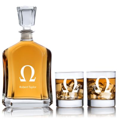 Engraved Symbol Omega Ohm - Personalized Capitol Decanter Set with Old Fashioned Whiskey Glasses