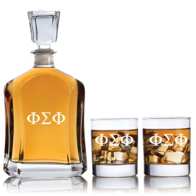 Custom Engraved Phi Sigma Phi - Personalized Capital Decanter Set with Whiskey Glasses