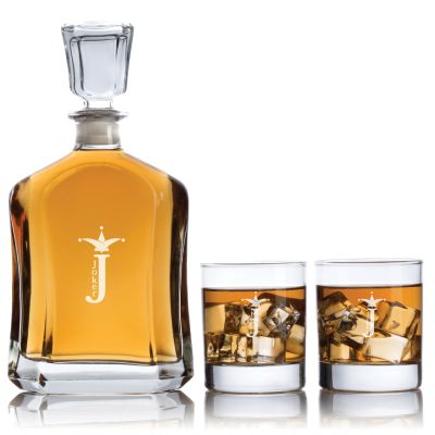 Custom Engraved Joker with J Initial - Personalized Capital Decanter Set with Whiskey Glasses