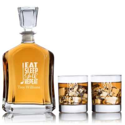 Custom Engraved Golf Eat Sleep Golf Repeat - Personalized Capital Decanter Set with Whiskey Glasses