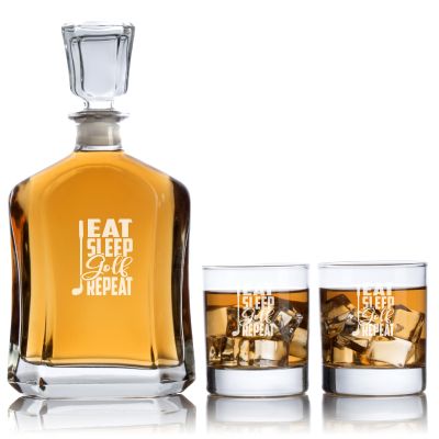 Custom Engraved Golf Eat Sleep Golf Repeat - Personalized Capital Decanter Set with Whiskey Glasses