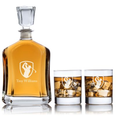 Custom Engraved Golfer Emblem - Personalized Capital Decanter Set with Whiskey Glasses