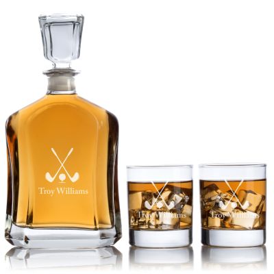Custom Engraved Golf and Ball Design - Personalized Capital Decanter Set with Whiskey Glasses