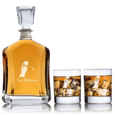 Custom Engraved Golfer Swinging - Personalized Capital Decanter Set with Whiskey Glasses