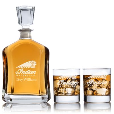 Custom Engraved Indian Motorcycle Logo - Personalized Capital Decanter Set with Whiskey Glasses