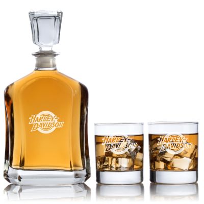 Custom Engraved Harley Davidson Tire Logo - Personalized Capital Decanter Set with Whiskey Glasses
