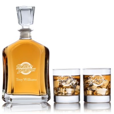 Custom Engraved Harley Davidson Tire Logo - Personalized Capital Decanter Set with Whiskey Glasses