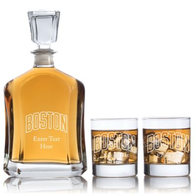 Engraved BOSTON - Personalized Capitol Decanter Set with Old Fashioned Whiskey Glasses - Basketball Fanatic Gift Ideas - Custom Personalized Whiskey Decanter Set - Man Cave Gifts - Gifts For Him