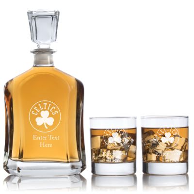 Engraved Shamrock Celtics - Personalized Capitol Decanter Set with Old Fashioned Whiskey Glasses - Basketball Fanatic Gift Ideas - Custom Personalized Whiskey Decanter Set - Man Cave Gifts - Gifts For Him
