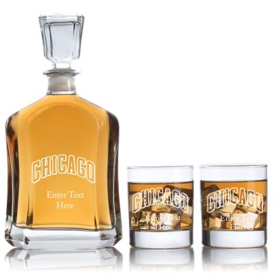 Engraved Chicago - Personalized Capitol Decanter Set with Old Fashioned Whiskey Glasses - Basketball Fanatic Gift Ideas - Custom Personalized Whiskey Decanter Set - Man Cave Gifts