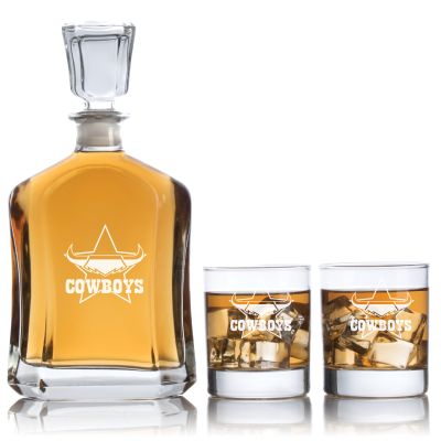 Engraved North Queensland Cowboys Rugby Team - Personalized Capitol Decanter Set with Old Fashioned Whiskey Glasses - Rugby Fanatic Gift Ideas - Custom Personalized Whiskey Decanter Set - Man Cave Gifts - Gifts For Him