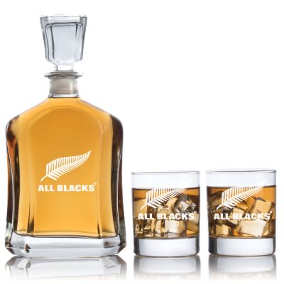 Engraved All Blacks Ruby Team - Personalized Capitol Decanter Set with Old Fashioned Whiskey Glasses - Rugby Fanatic Gift Ideas - Custom Personalized Whiskey Decanter Set - Man Cave Gifts - Gifts For Him