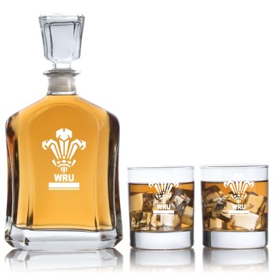 Engraved Welsh Rugby Union - Personalized Capitol Decanter Set with Old Fashioned Whiskey Glasses - Rugby Fanatic Gift Ideas - Custom Personalized Whiskey Decanter Set - Man Cave Gifts - Gifts For Him