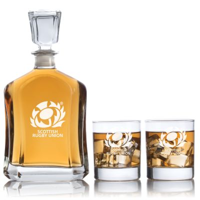 Engraved Scottish Rugby Union - Personalized Capitol Decanter Set with Old Fashioned Whiskey Glasses - Rugby Fanatic Gift Ideas - Custom Personalized Whiskey Decanter Set - Man Cave Gifts - Gifts For Him