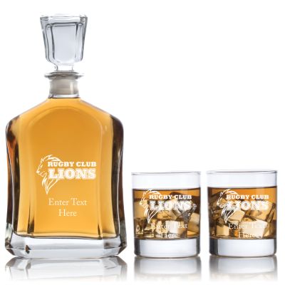 Engraved Rugby Club Lions - Personalized Capitol Decanter Set with Old Fashioned Whiskey Glasses - Rugby Fanatic Gift Ideas - Custom Personalized Whiskey Decanter Set - Man Cave Gifts - Gifts For Him