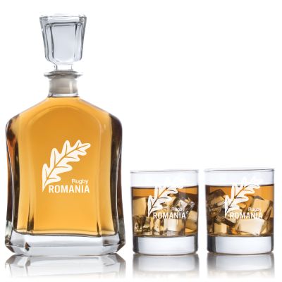Engraved Rugby Romania Team - Personalized Capitol Decanter Set with Old Fashioned Whiskey Glasses - Rugby Fanatic Gift Ideas - Custom Personalized Whiskey Decanter Set - Man Cave Gifts - Gifts For Him